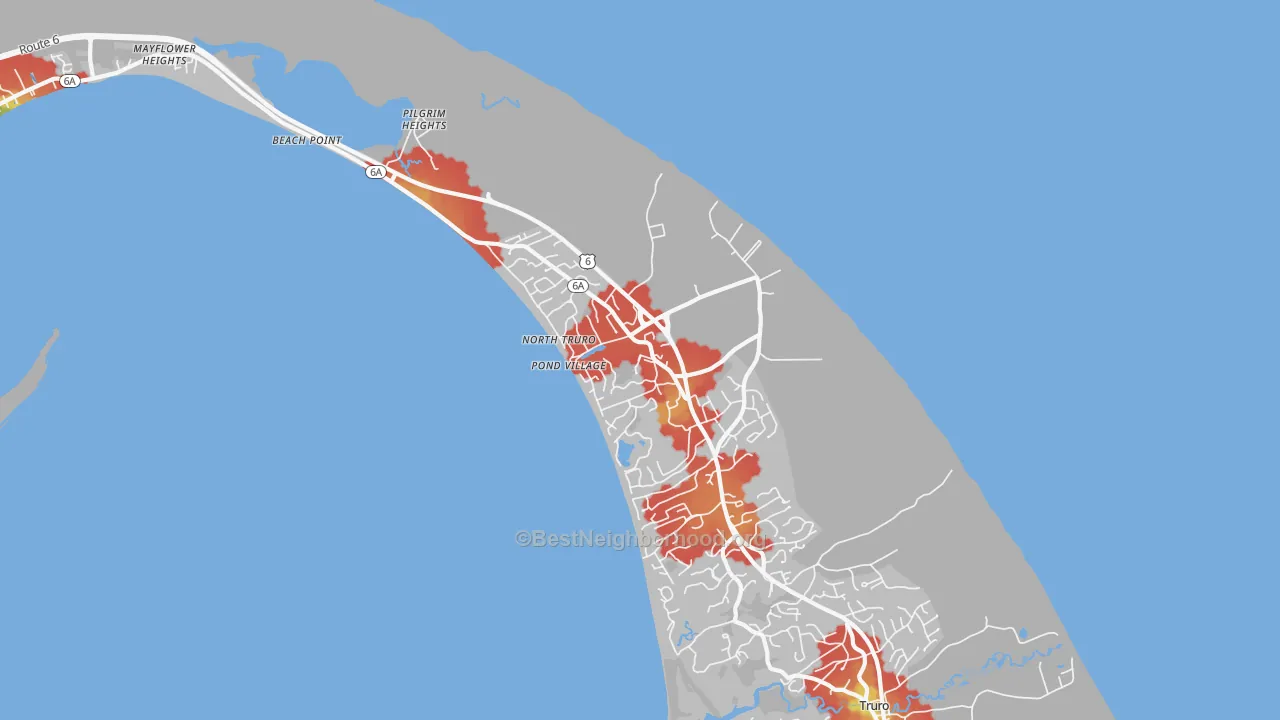Walk Grade map of North Truro, MA, walkable areas in green and car-dependent areas in red