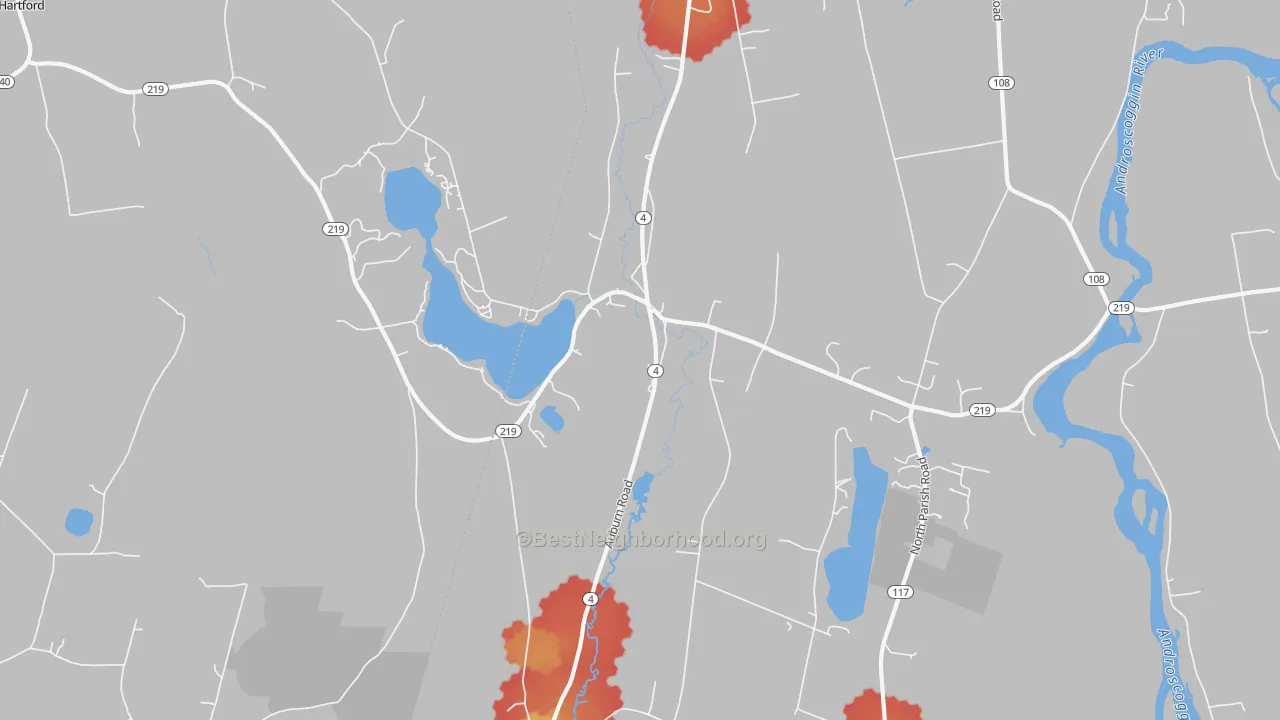Walk Grade map of North Turner, ME, walkable areas in green and car-dependent areas in red
