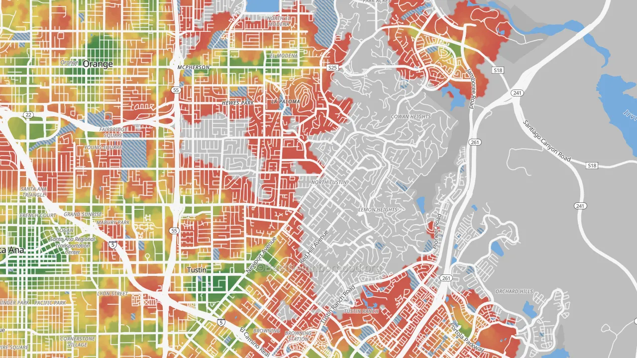 Walk Grade map of North Tustin, CA, walkable areas in green and car-dependent areas in red