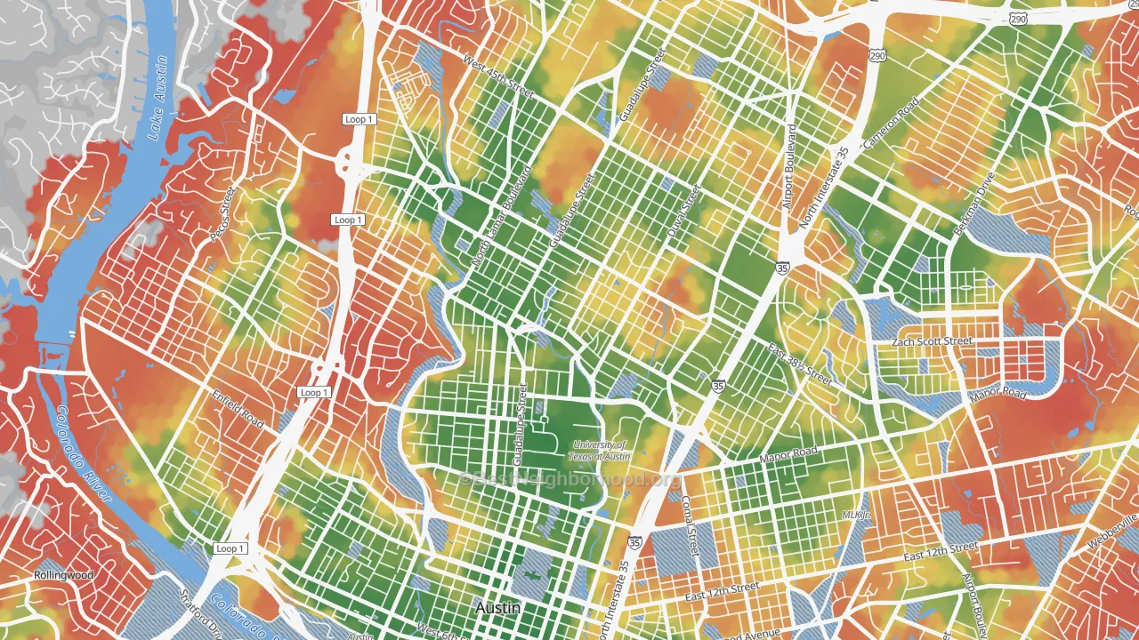 Walk Grade map of North University, Austin, TX, walkable areas in green and car-dependent areas in red
