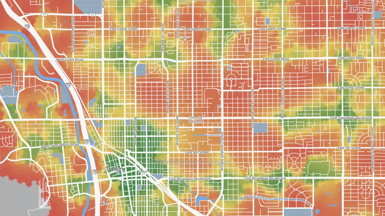 Walk Grade map of North University, Tucson, AZ, walkable areas in green and car-dependent areas in red