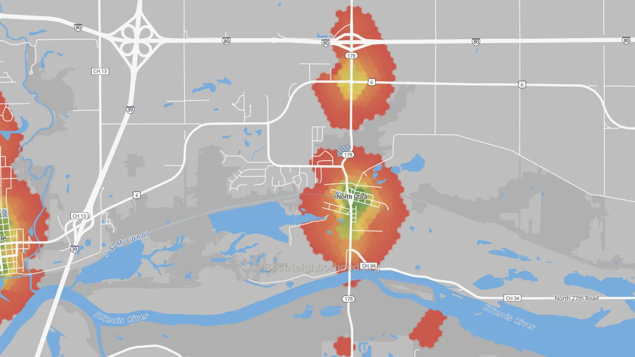 Walk Grade map of North Utica, IL, walkable areas in green and car-dependent areas in red