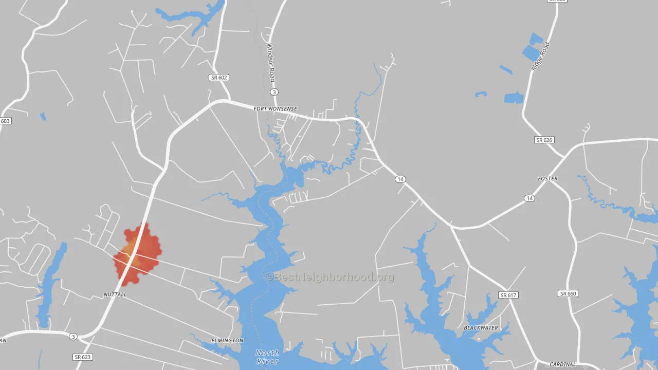 Walk Grade map of North, VA, walkable areas in green and car-dependent areas in red