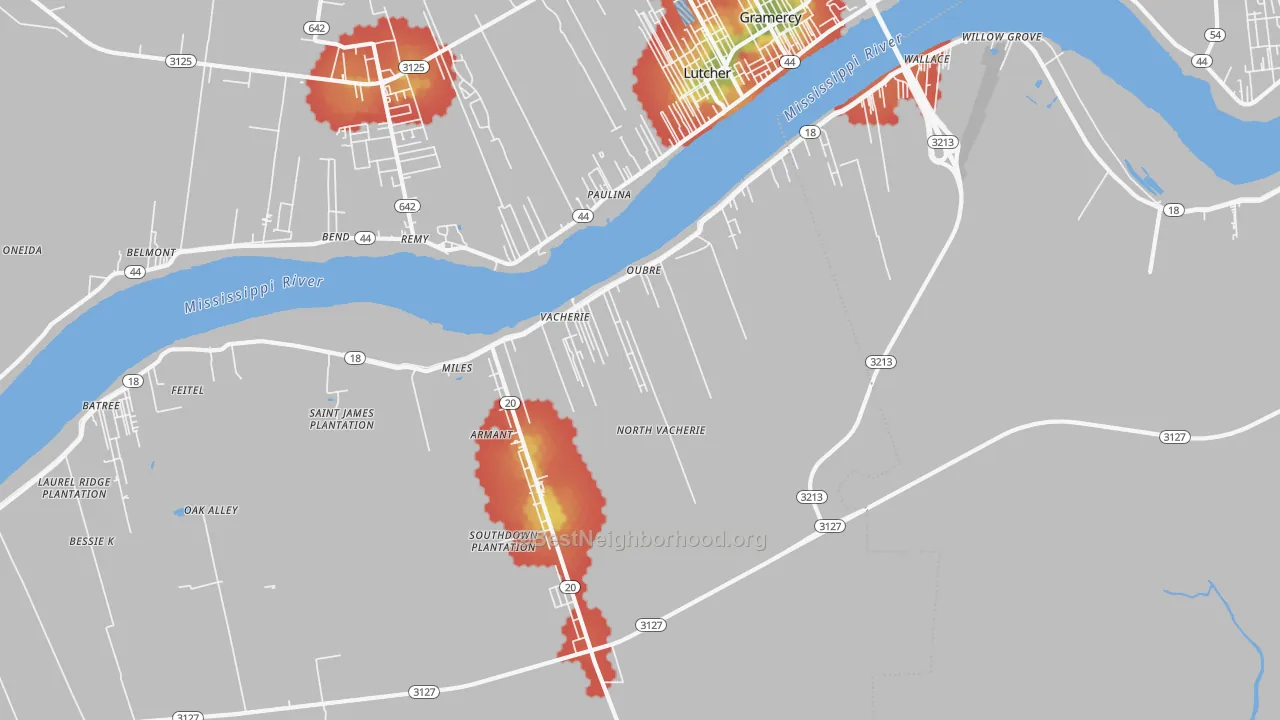 Walk Grade map of North Vacherie, LA, walkable areas in green and car-dependent areas in red