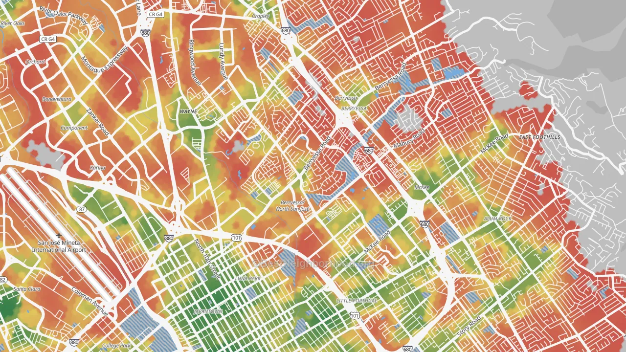 Walk Grade map of North Valley, San Jose, CA, walkable areas in green and car-dependent areas in red