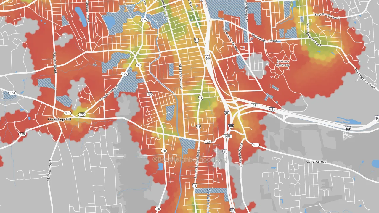 Walk Grade map of North Valley, Syracuse, NY, walkable areas in green and car-dependent areas in red