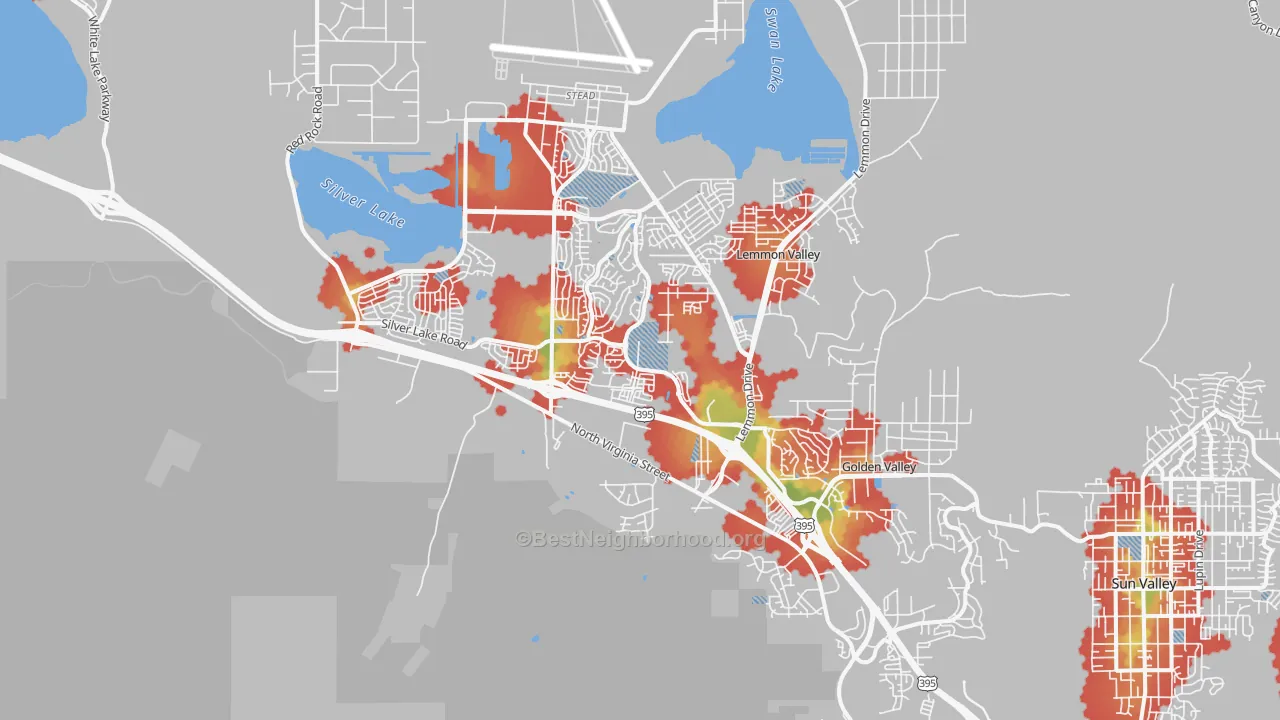 Walk Grade map of North Valleys, Reno, NV, walkable areas in green and car-dependent areas in red