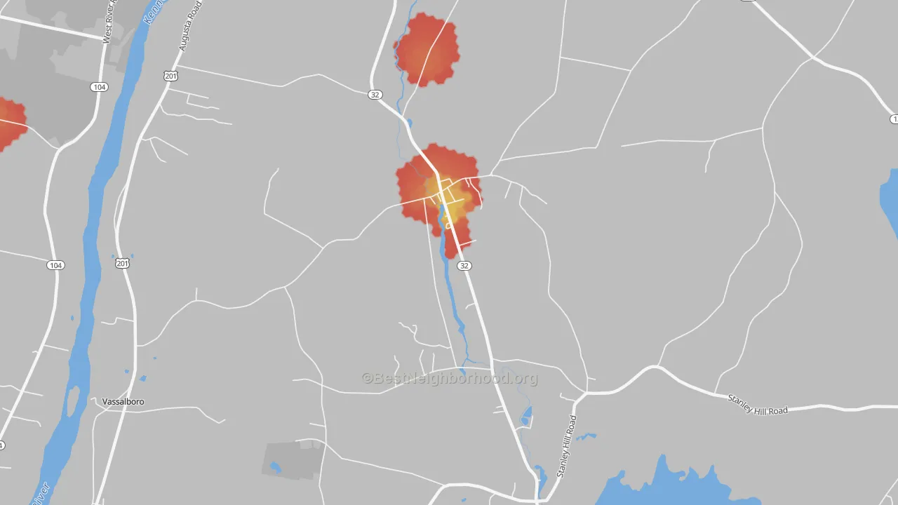 Walk Grade map of North Vassalboro, ME, walkable areas in green and car-dependent areas in red