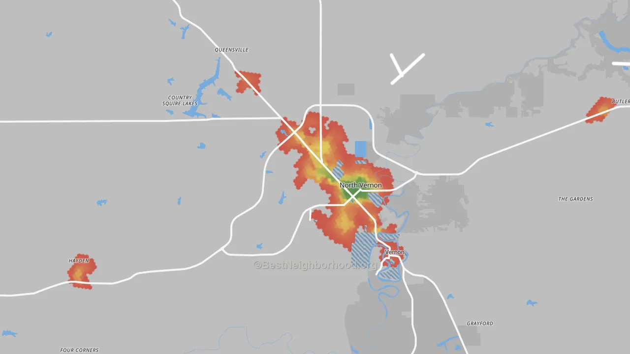 Walk Grade map of North Vernon, IN, walkable areas in green and car-dependent areas in red
