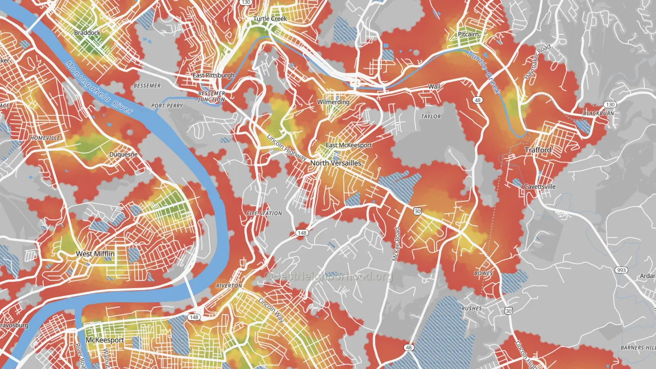Walk Grade map of North Versailles, PA, walkable areas in green and car-dependent areas in red