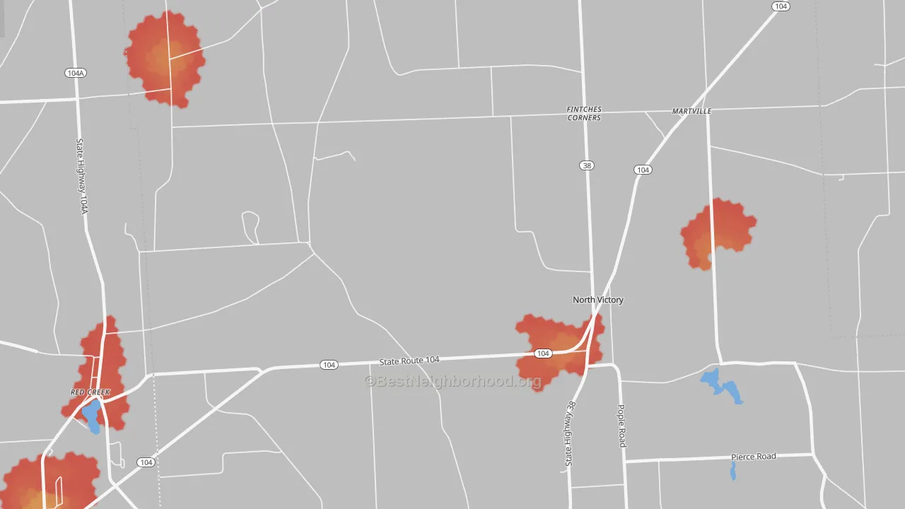 Walk Grade map of North Victory, NY, walkable areas in green and car-dependent areas in red
