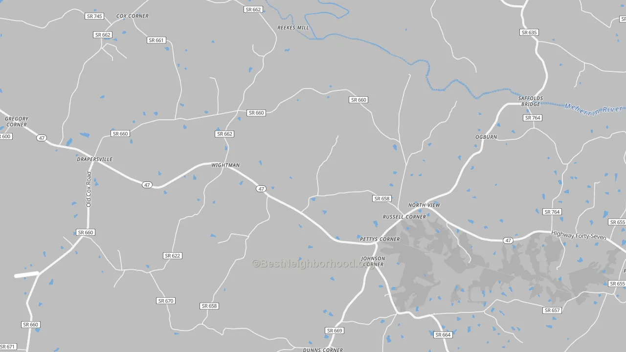 Walk Grade map of North View, VA, walkable areas in green and car-dependent areas in red