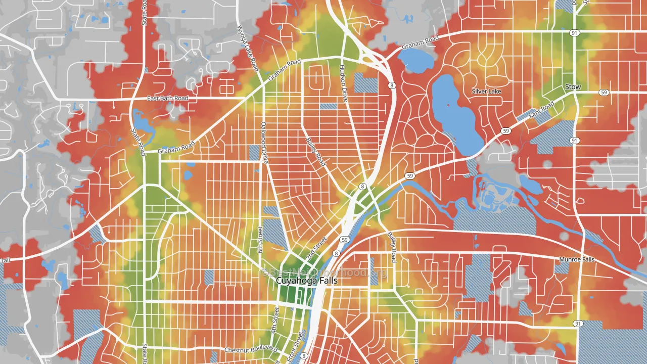 Walk Grade map of North Village, Cuyahoga Falls, OH, walkable areas in green and car-dependent areas in red