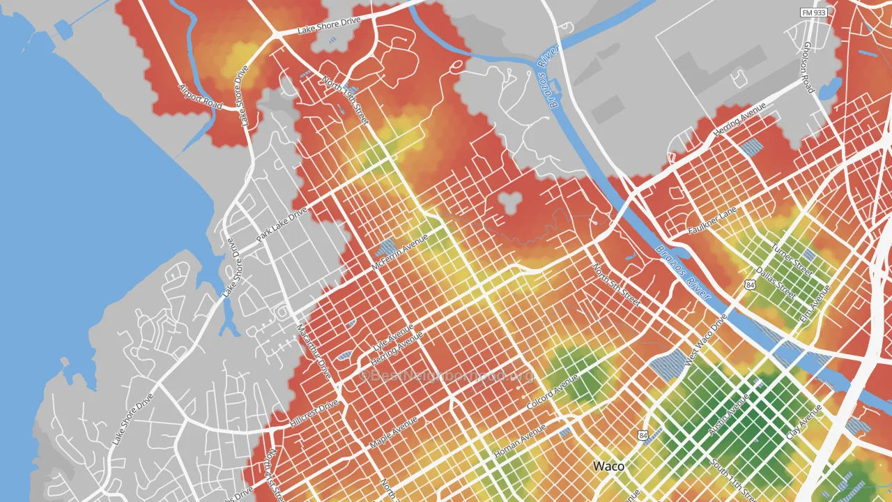 Walk Grade map of North Waco, Waco, TX, walkable areas in green and car-dependent areas in red