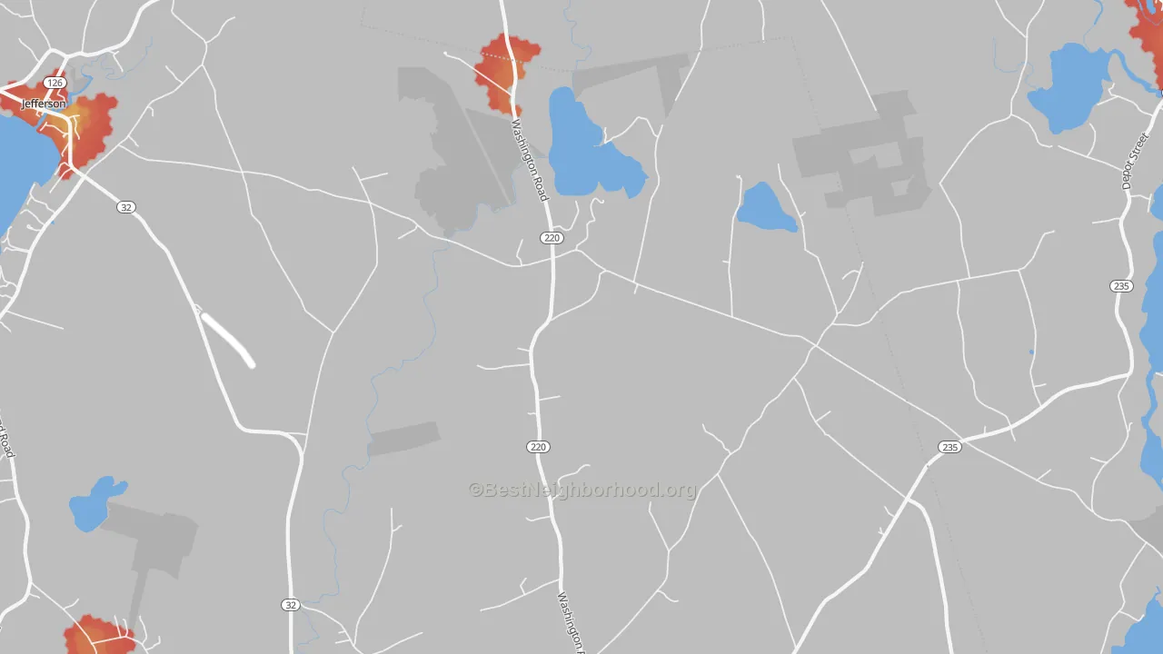 Walk Grade map of North Waldoboro, ME, walkable areas in green and car-dependent areas in red
