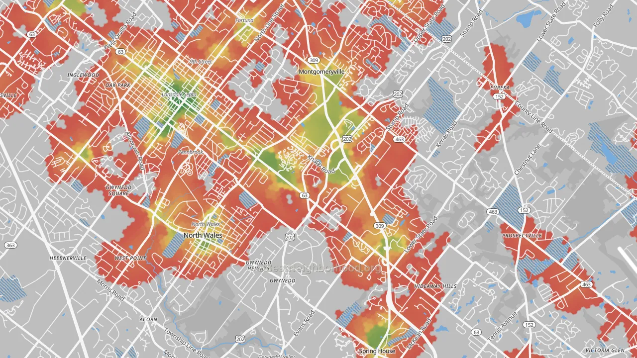 Walk Grade map of North Wales, PA, walkable areas in green and car-dependent areas in red