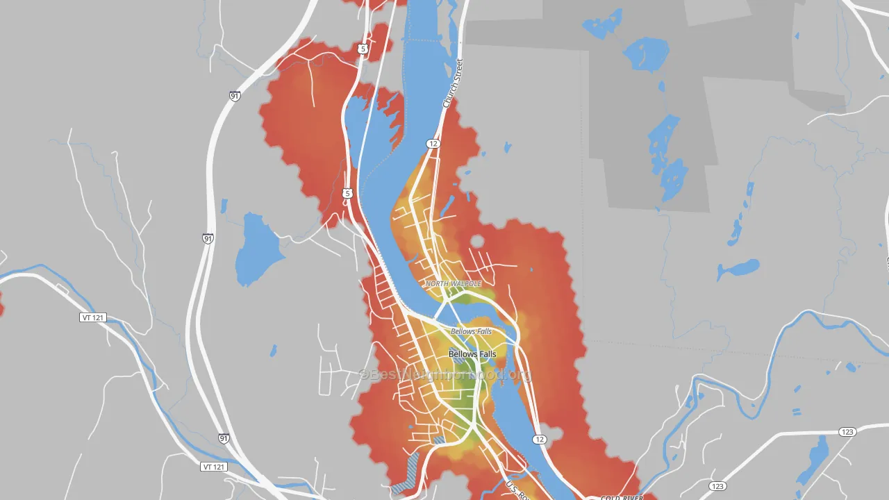 Walk Grade map of North Walpole, NH, walkable areas in green and car-dependent areas in red