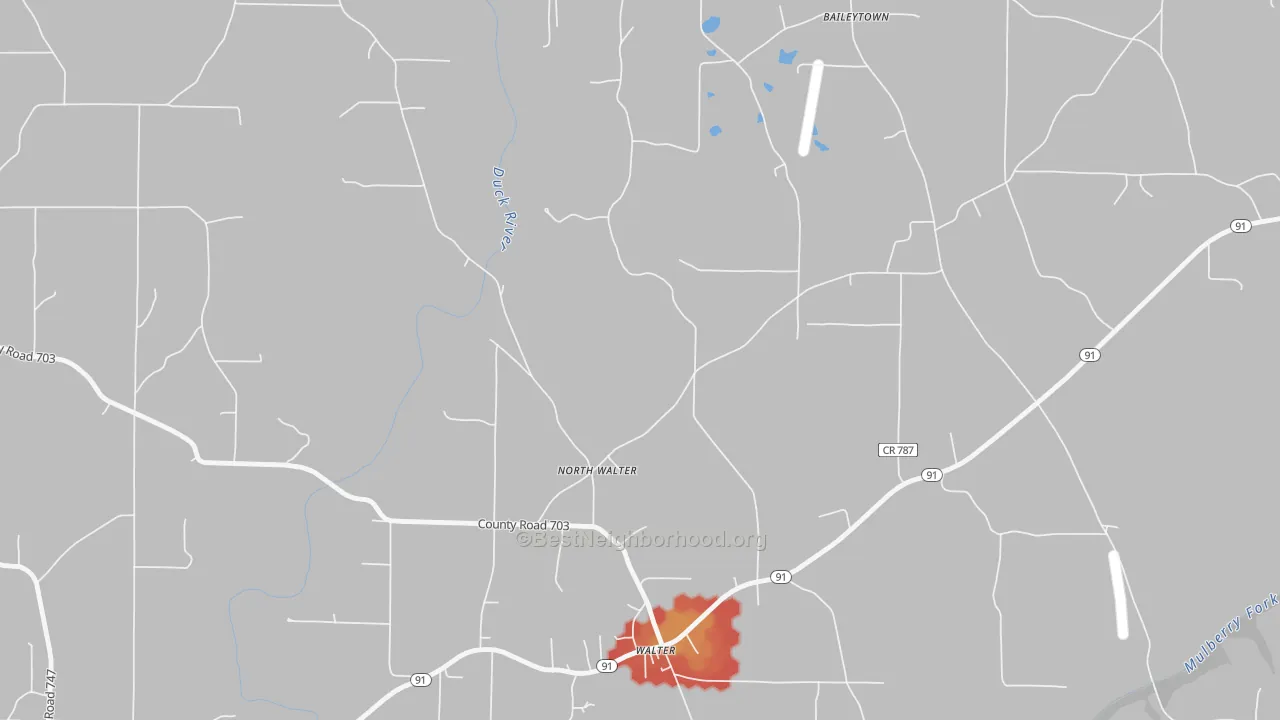 Walk Grade map of North Walter, AL, walkable areas in green and car-dependent areas in red