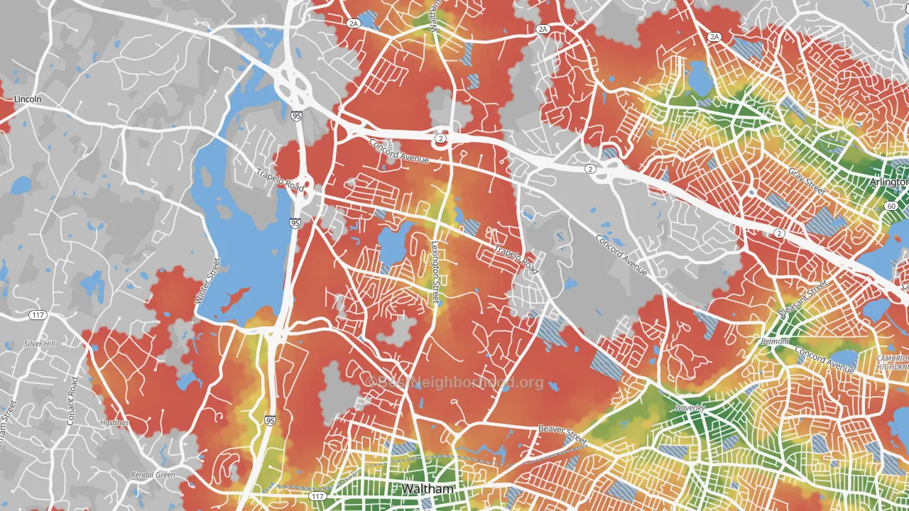 Walk Grade map of North Waltham, Waltham, MA, walkable areas in green and car-dependent areas in red