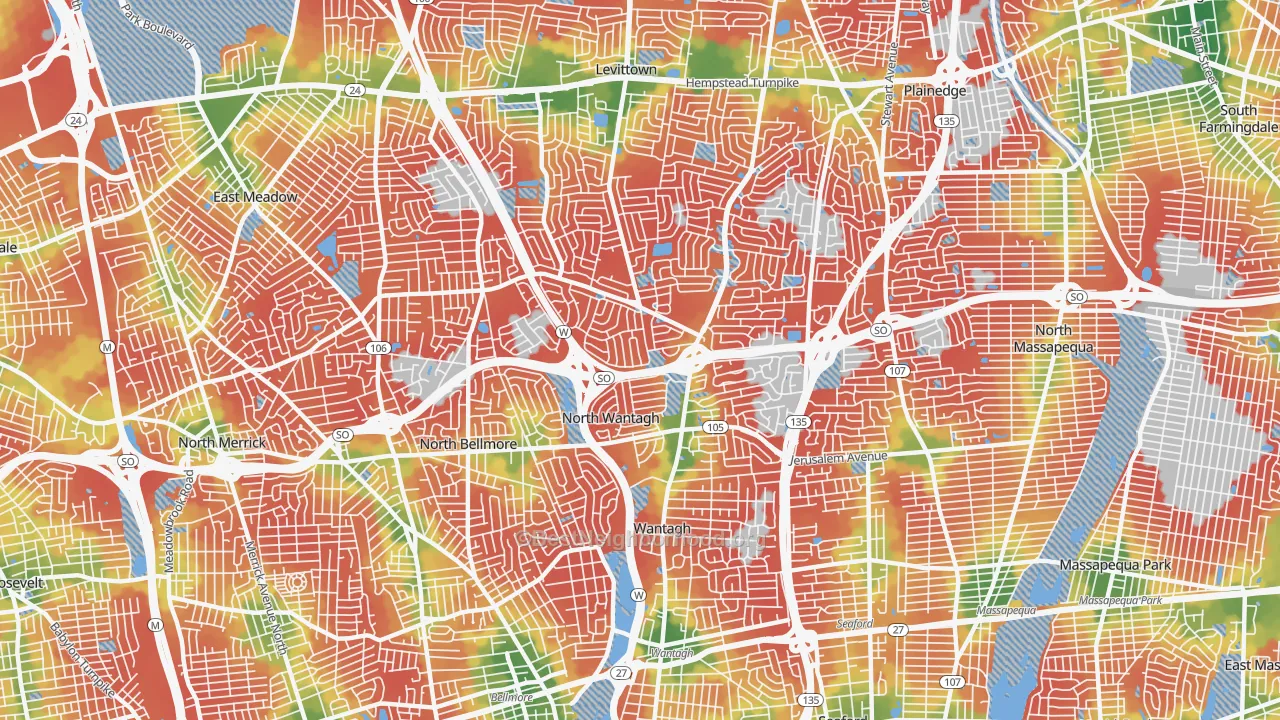 Walk Grade map of North Wantagh, NY, walkable areas in green and car-dependent areas in red