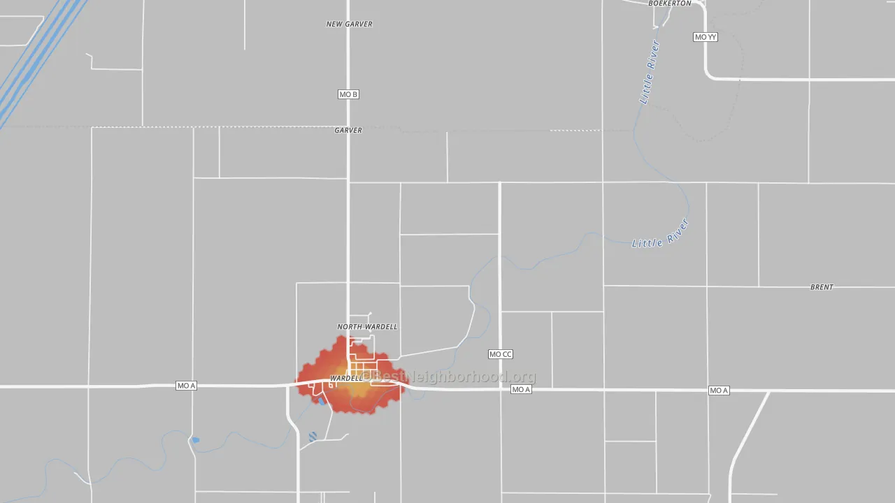 Walk Grade map of North Wardell, MO, walkable areas in green and car-dependent areas in red