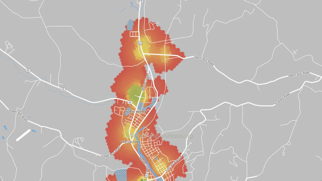 Walk Grade map of North Warren, PA, walkable areas in green and car-dependent areas in red