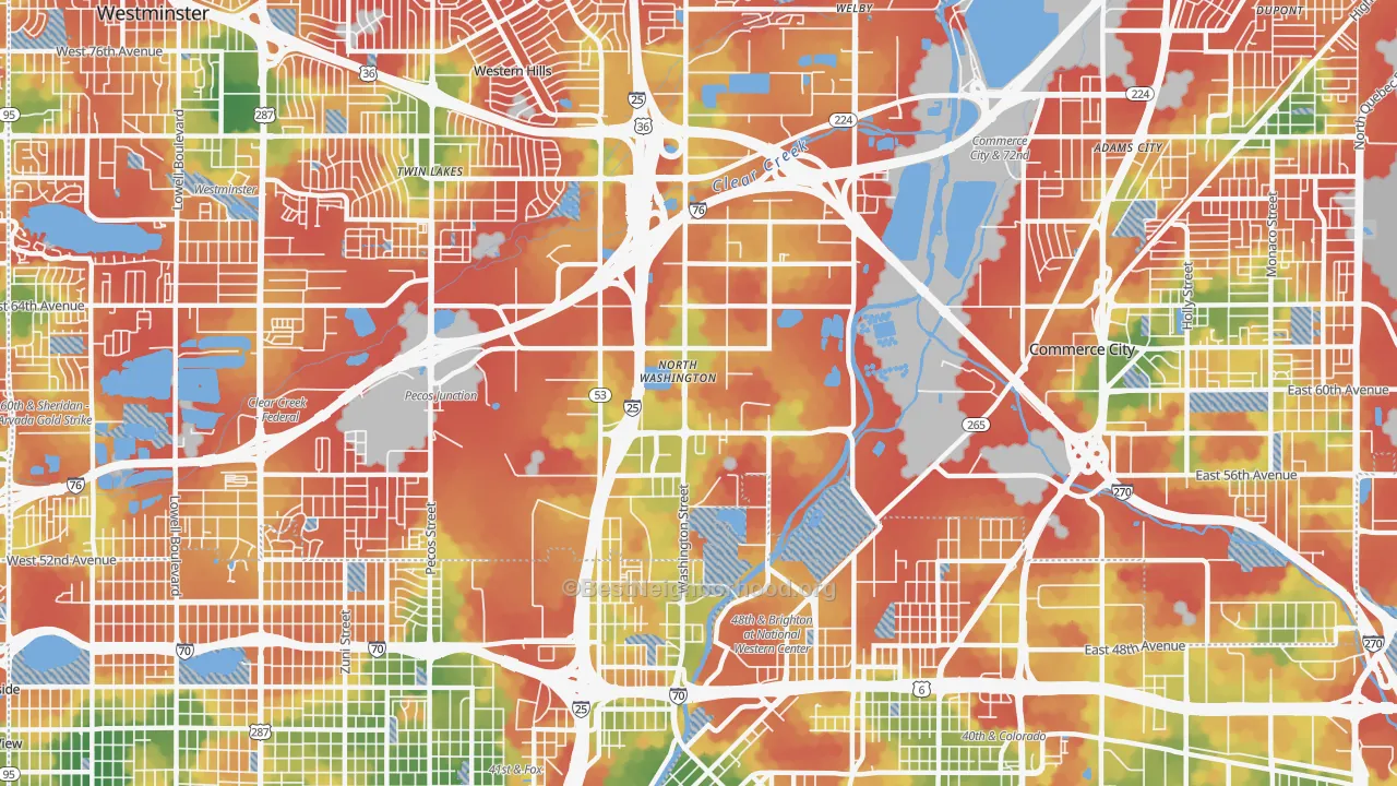 Walk Grade map of North Washington, CO, walkable areas in green and car-dependent areas in red