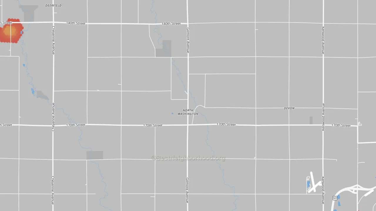 Walk Grade map of North Washington, IA, walkable areas in green and car-dependent areas in red