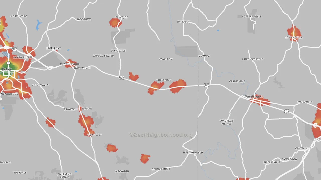 Walk Grade map of North Washington, PA, walkable areas in green and car-dependent areas in red