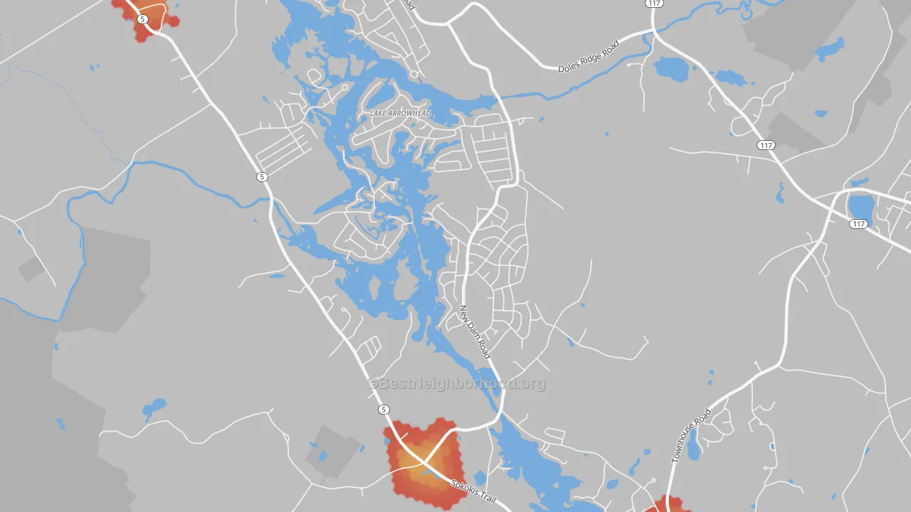 Walk Grade map of North Waterboro, ME, walkable areas in green and car-dependent areas in red
