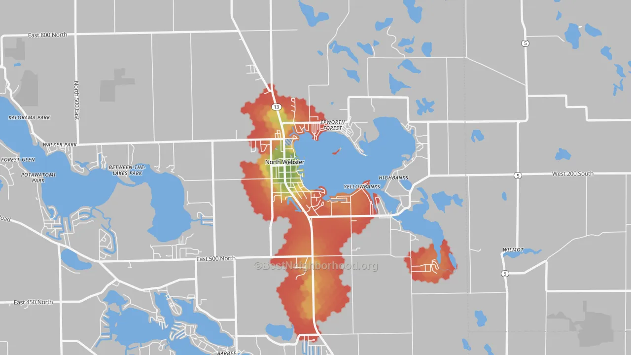 Walk Grade map of North Webster, IN, walkable areas in green and car-dependent areas in red