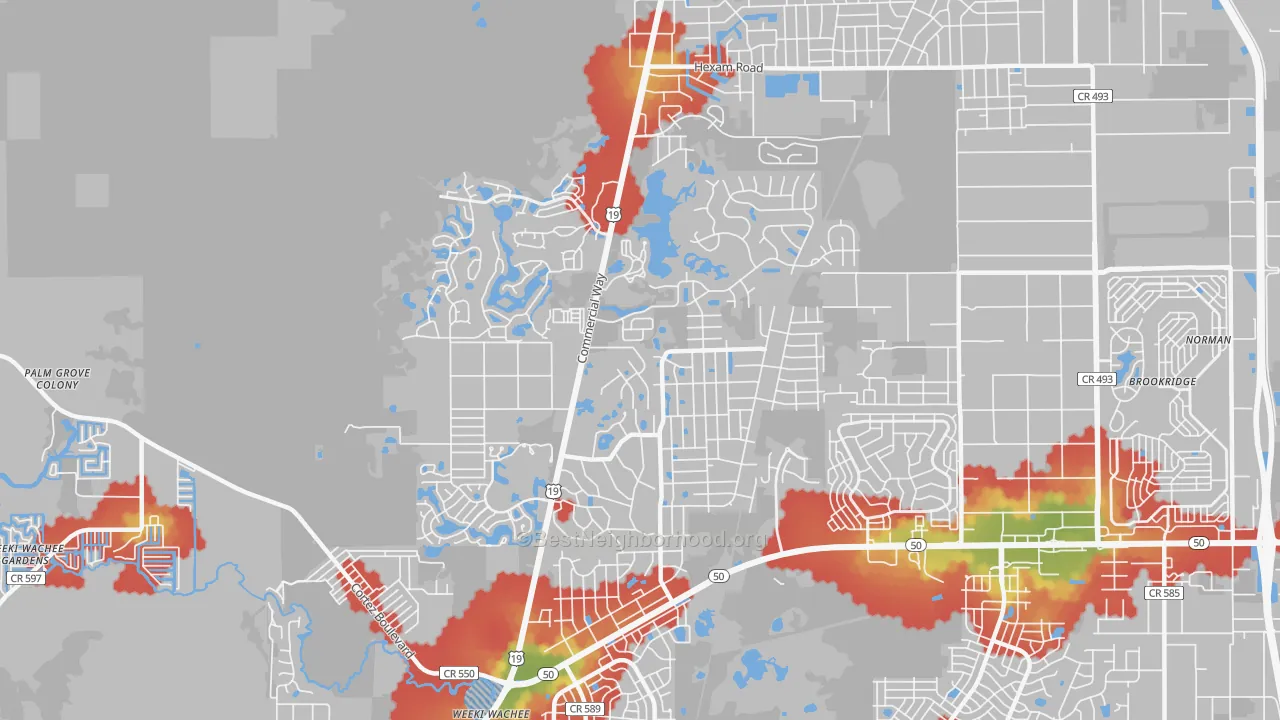 Walk Grade map of North Weeki Wachee, FL, walkable areas in green and car-dependent areas in red