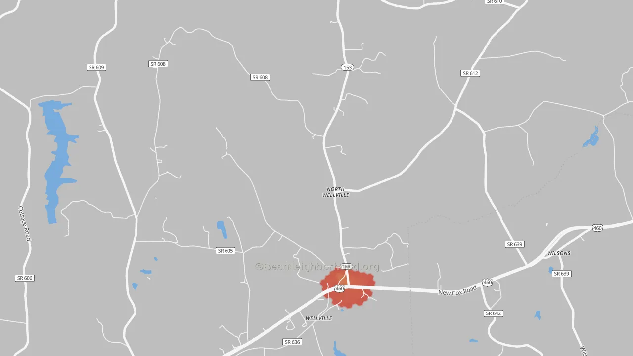 Walk Grade map of North Wellville, VA, walkable areas in green and car-dependent areas in red