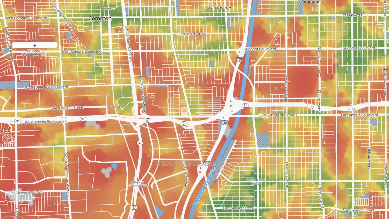 Walk Grade map of North West Long Beach, Long Beach, CA, walkable areas in green and car-dependent areas in red