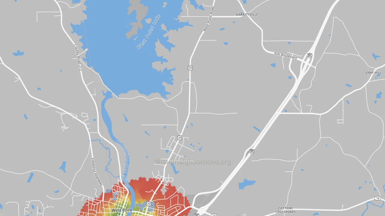 Walk Grade map of North West Point, GA, walkable areas in green and car-dependent areas in red
