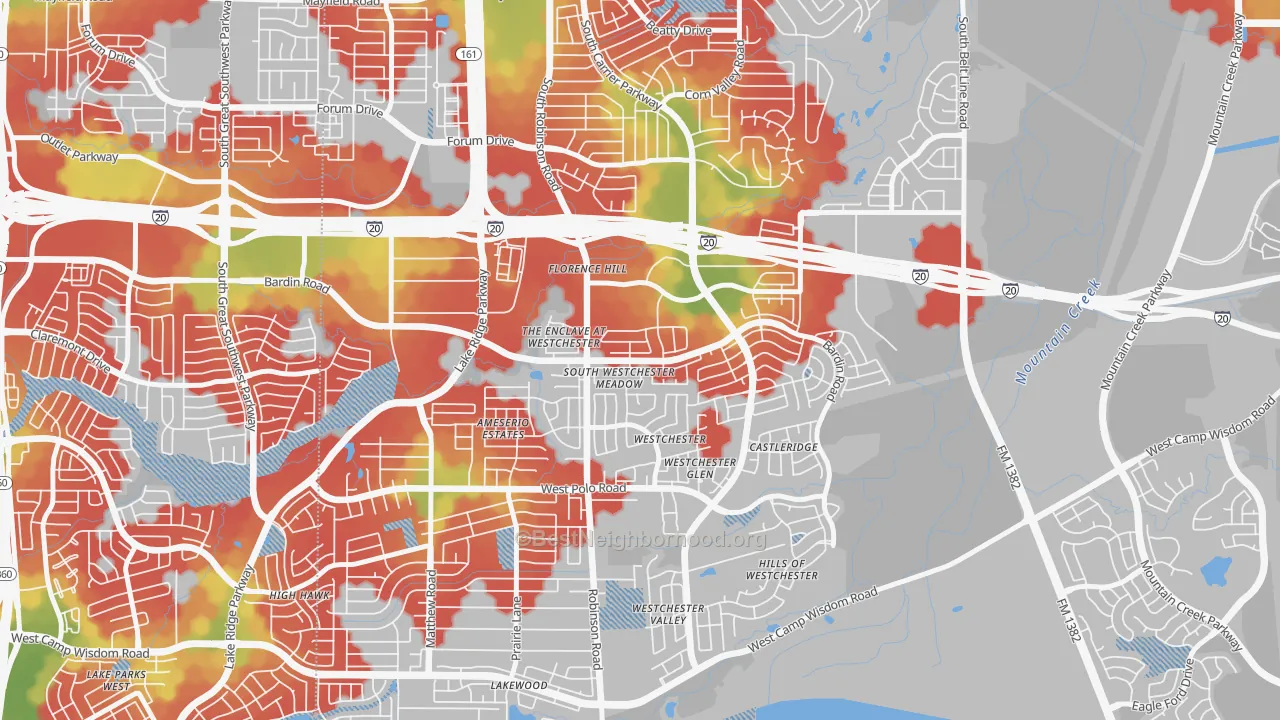 Walk Grade map of North Westchester Meadows, Grand Prairie, TX, walkable areas in green and car-dependent areas in red