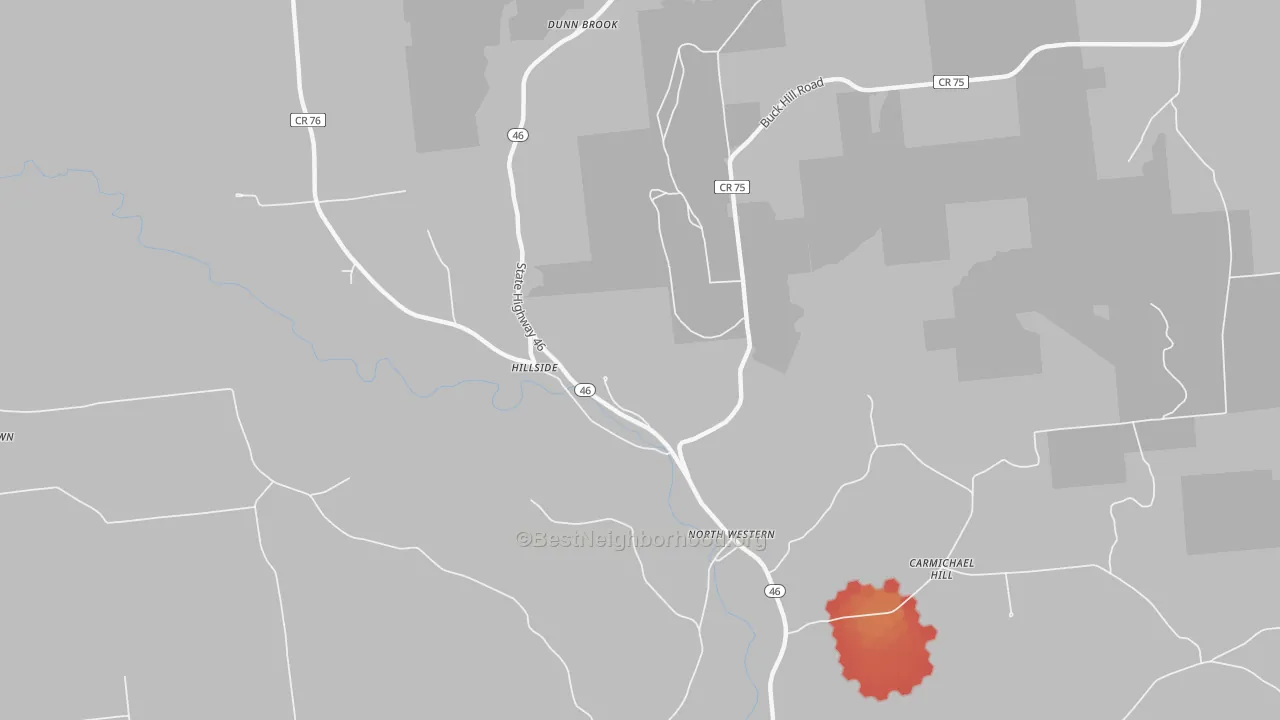 Walk Grade map of North Western, NY, walkable areas in green and car-dependent areas in red