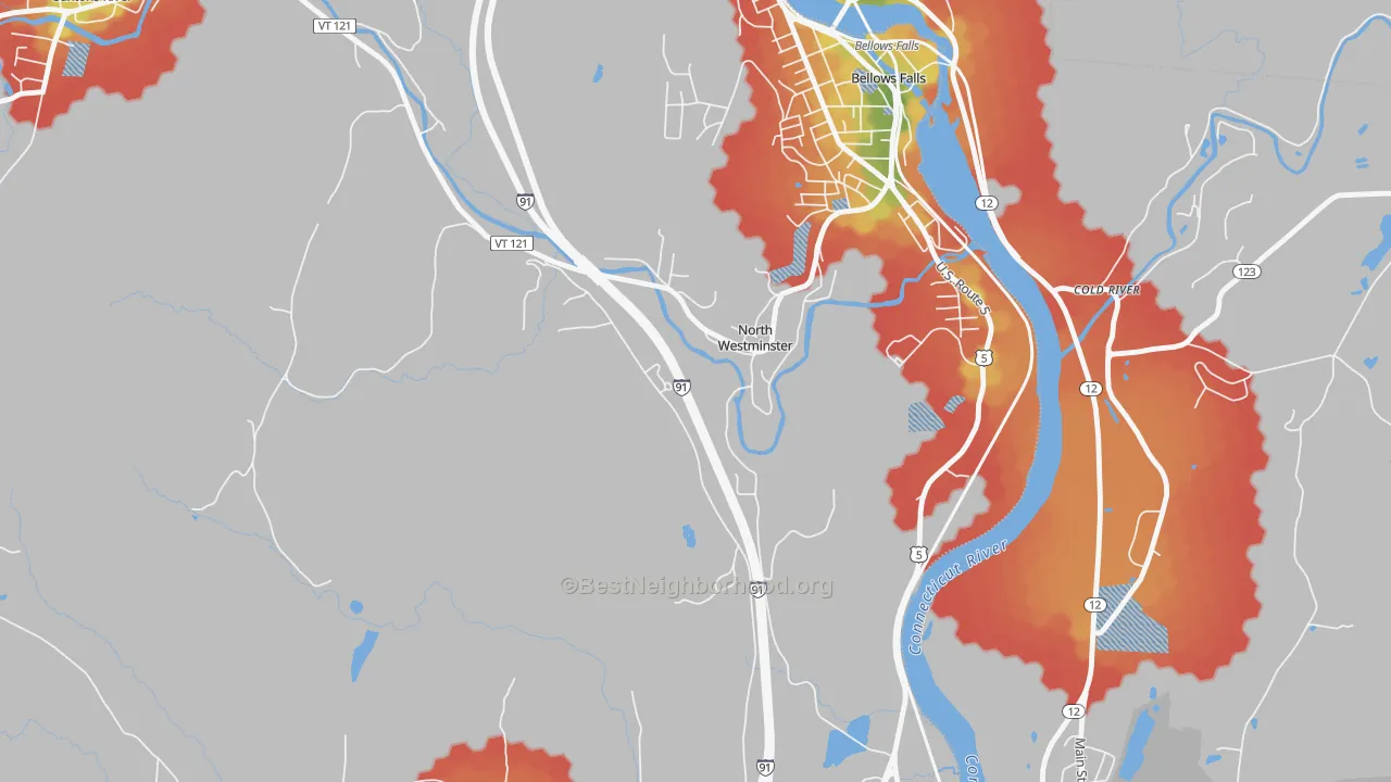 Walk Grade map of North Westminster, VT, walkable areas in green and car-dependent areas in red
