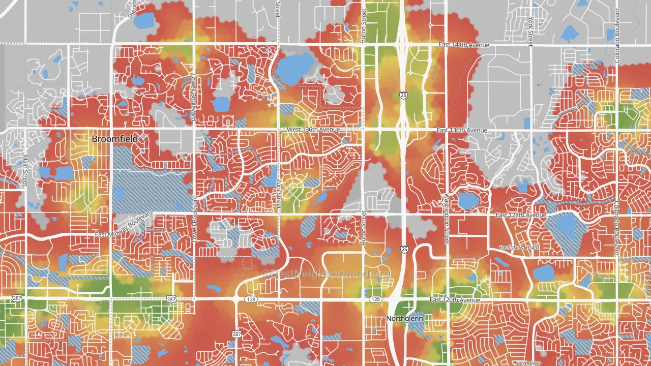 Walk Grade map of North Westminster, Westminster, CO, walkable areas in green and car-dependent areas in red