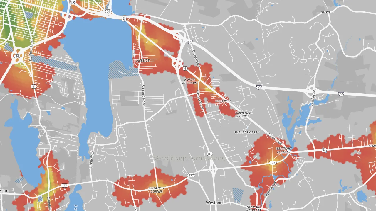Walk Grade map of North Westport, MA, walkable areas in green and car-dependent areas in red