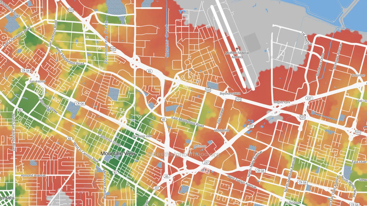 Walk Grade map of North Whisman, Mountain View, CA, walkable areas in green and car-dependent areas in red