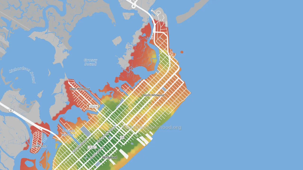 Walk Grade map of North Wildwood, NJ, walkable areas in green and car-dependent areas in red