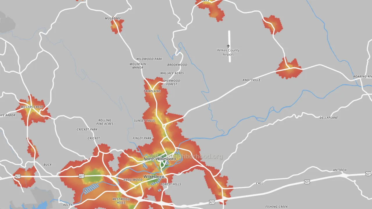 Walk Grade map of North Wilkesboro, NC, walkable areas in green and car-dependent areas in red
