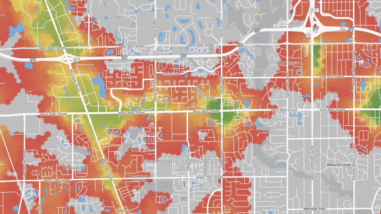 Walk Grade map of North Willow Farms, Indianapolis, IN, walkable areas in green and car-dependent areas in red