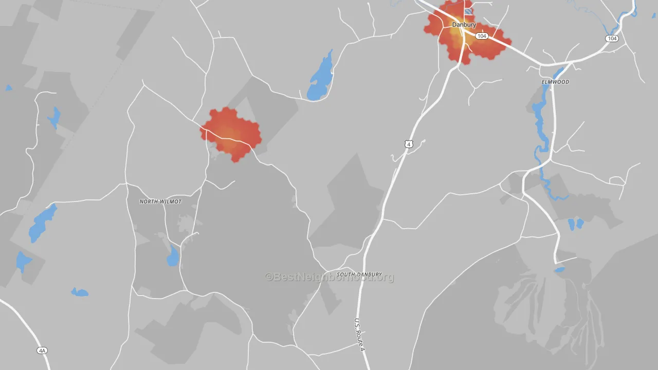 Walk Grade map of North Wilmot, NH, walkable areas in green and car-dependent areas in red