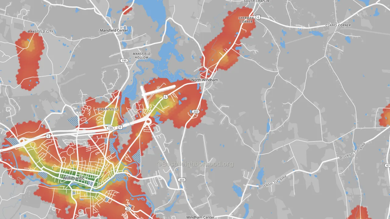 Walk Grade map of North Windham, CT, walkable areas in green and car-dependent areas in red
