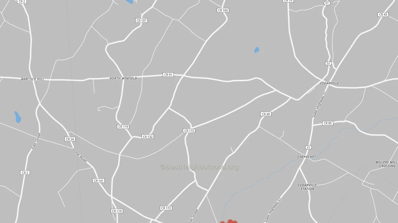 Walk Grade map of North Winfield, NY, walkable areas in green and car-dependent areas in red