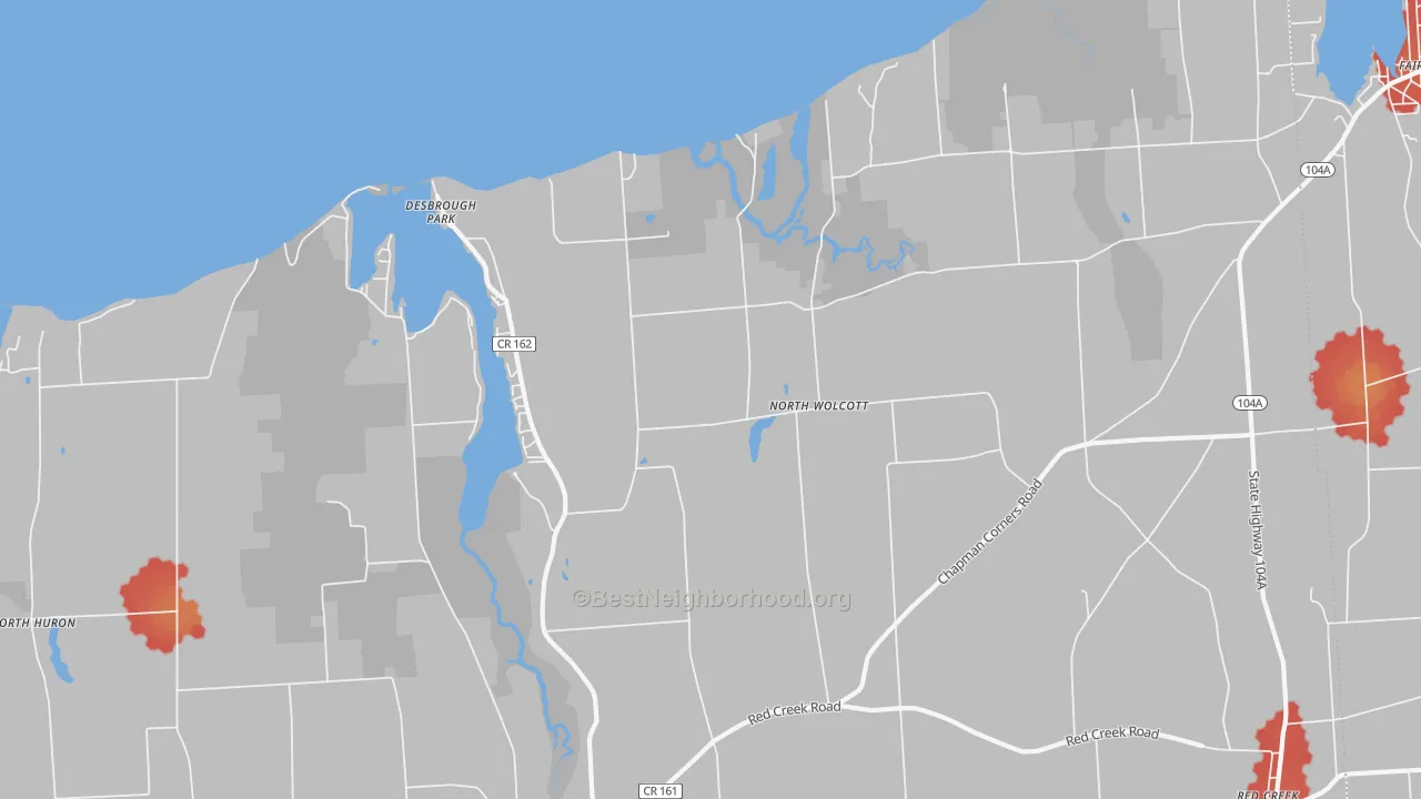 Walk Grade map of North Wolcott, NY, walkable areas in green and car-dependent areas in red