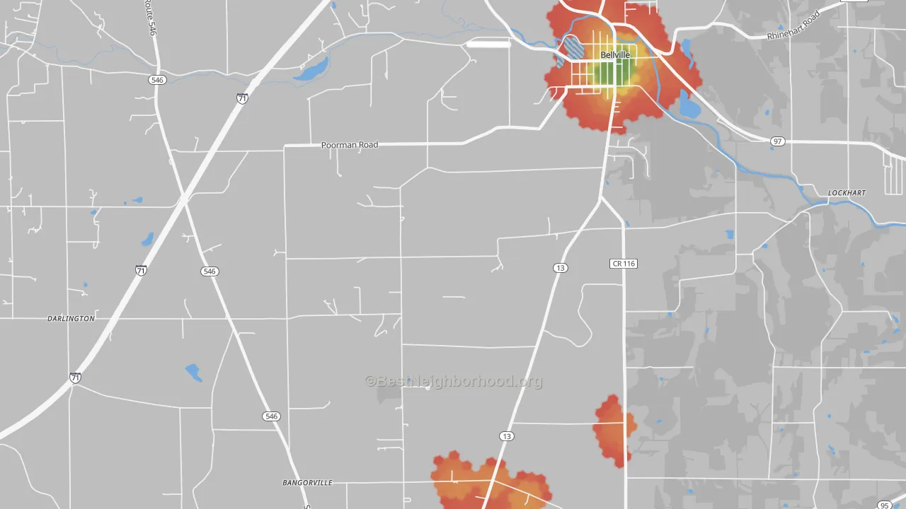 Walk Grade map of North Woodbury, OH, walkable areas in green and car-dependent areas in red