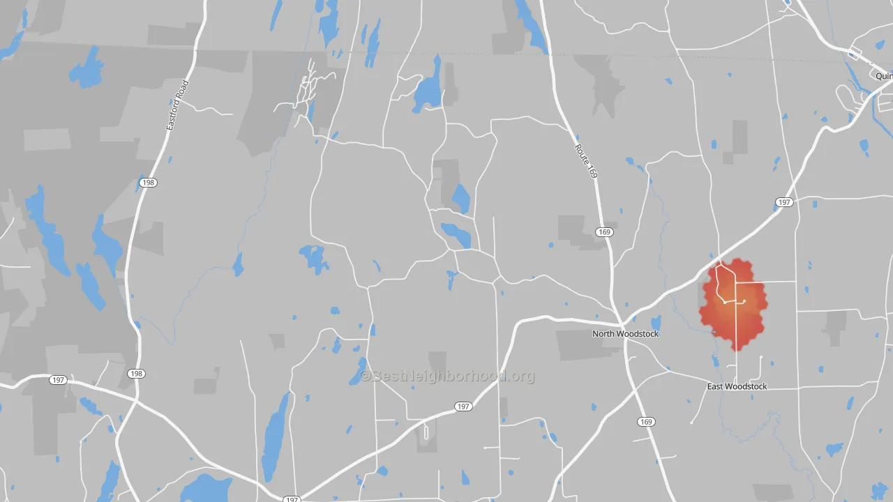 Walk Grade map of North Woodstock, CT, walkable areas in green and car-dependent areas in red